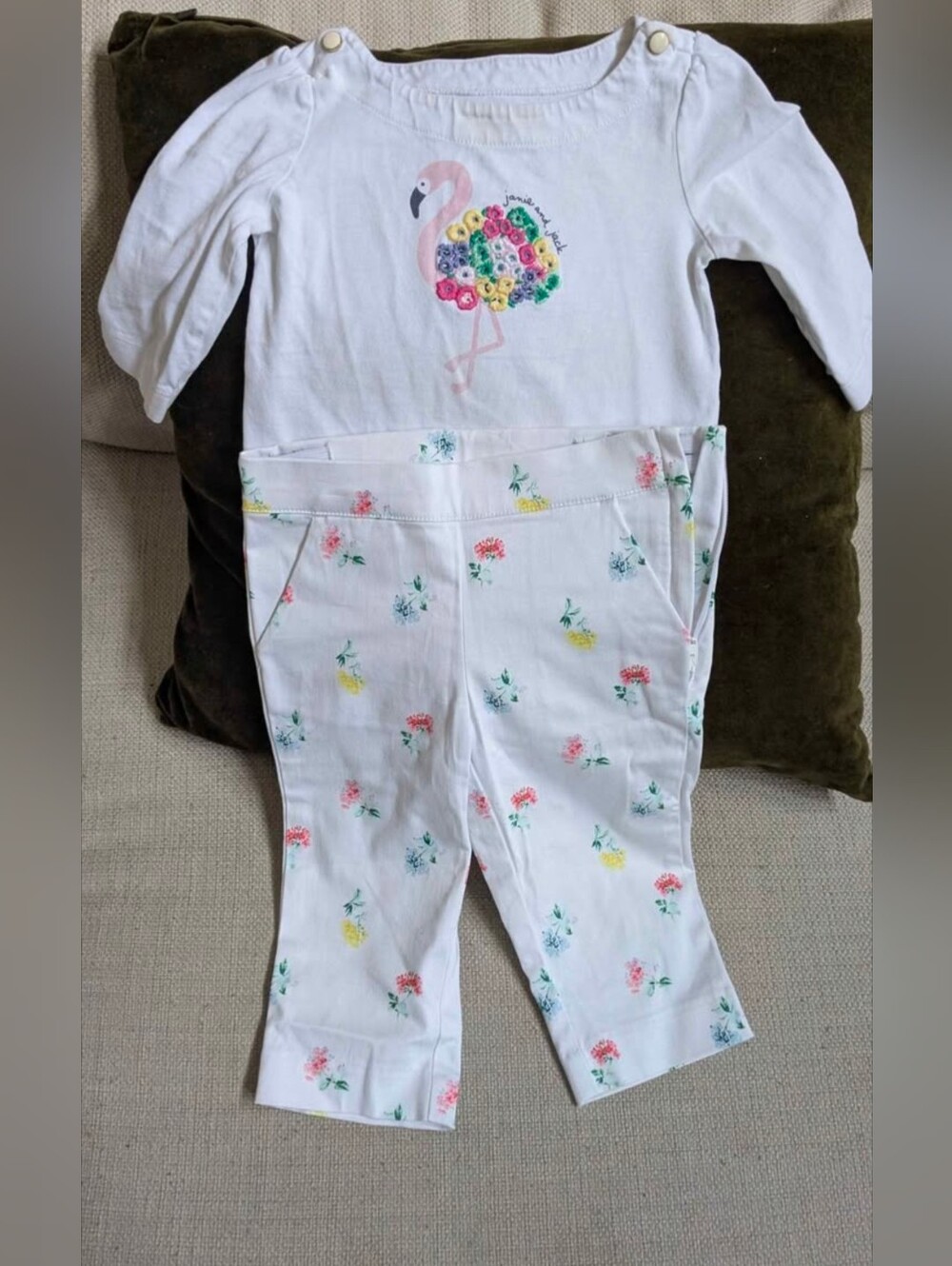 Janie And Jack White Floral Print Kids Cotton Pull-On Pants 18-24 M